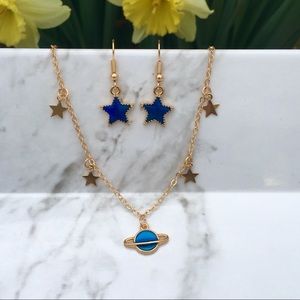 Gold Necklace Earrings Set Blue Star & Saturn Set